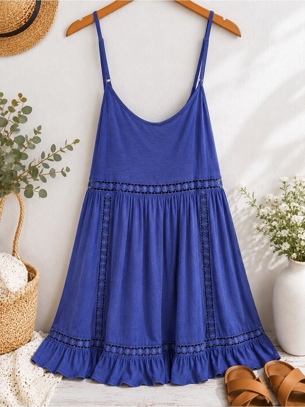 Vizio Blue Lace Trim Babydoll Cami Dress Large Rayon Lace-Up Back Boho
